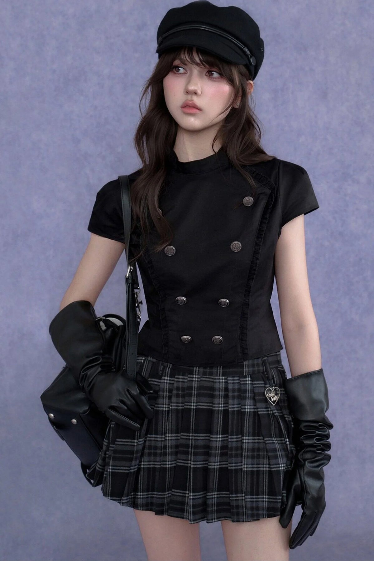 Black Double-Breasted Stand Collar Shirt