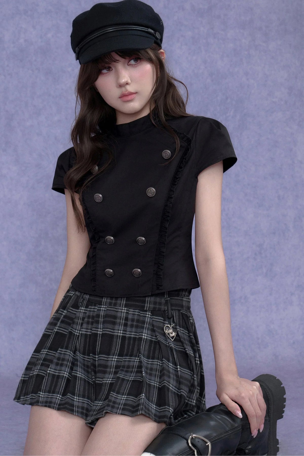Black Double-Breasted Stand Collar Shirt