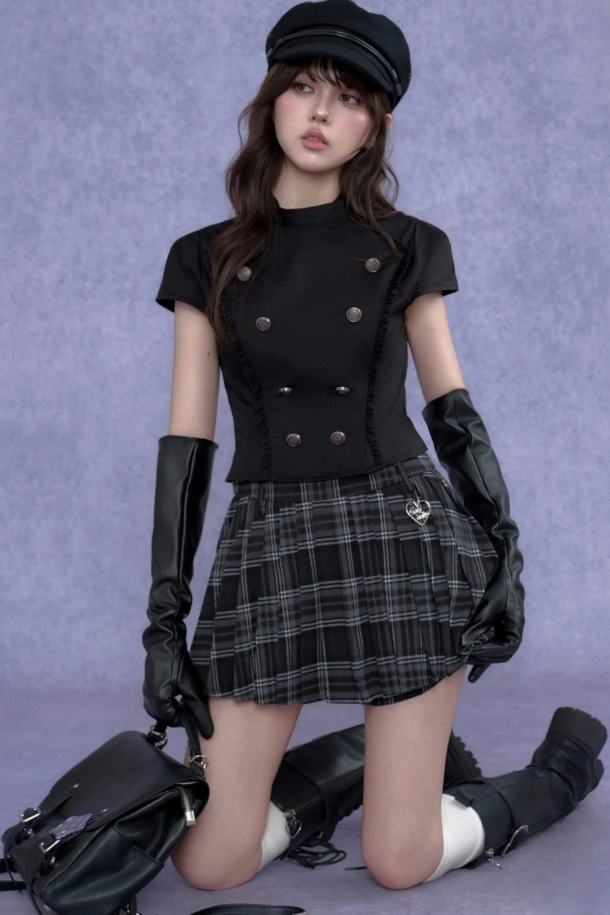 Black Double-Breasted Stand Collar Shirt