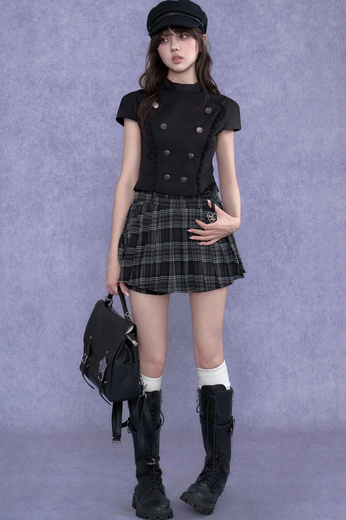Black Double-Breasted Stand Collar Shirt