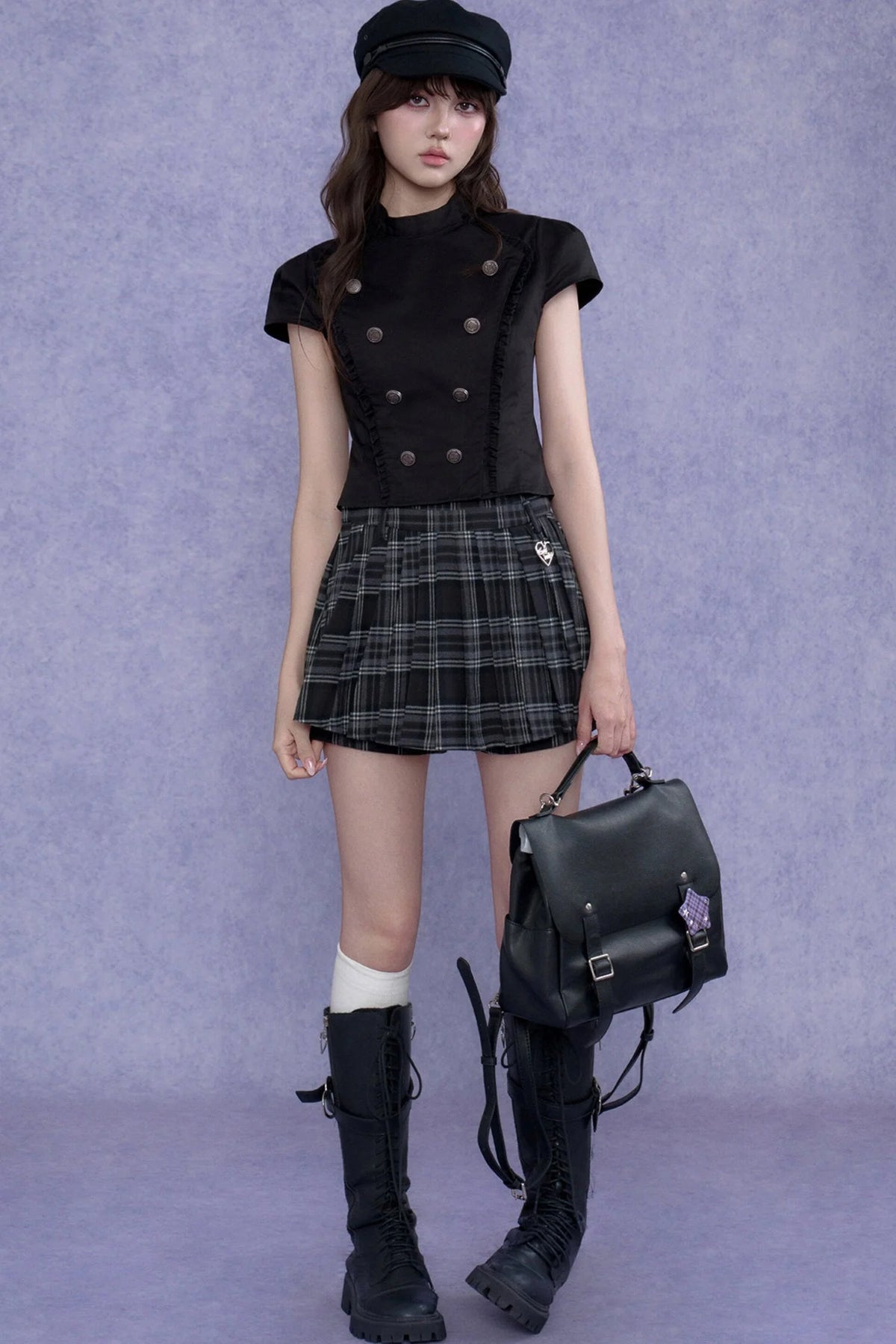 Black Double-Breasted Stand Collar Shirt