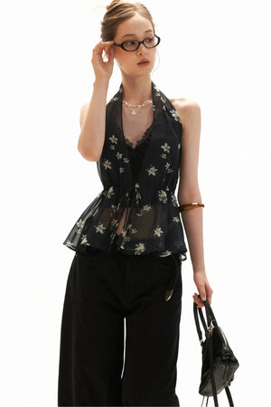 Black Floral Halter Tie Camisole Top Set-Up