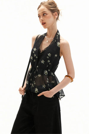 Black Floral Halter Tie Camisole Top Set-Up