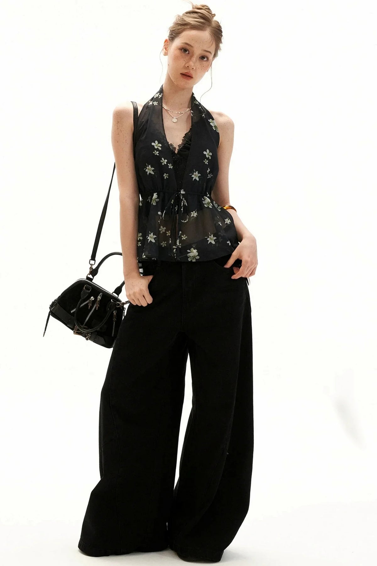 Black Floral Halter Tie Camisole Top Set-Up