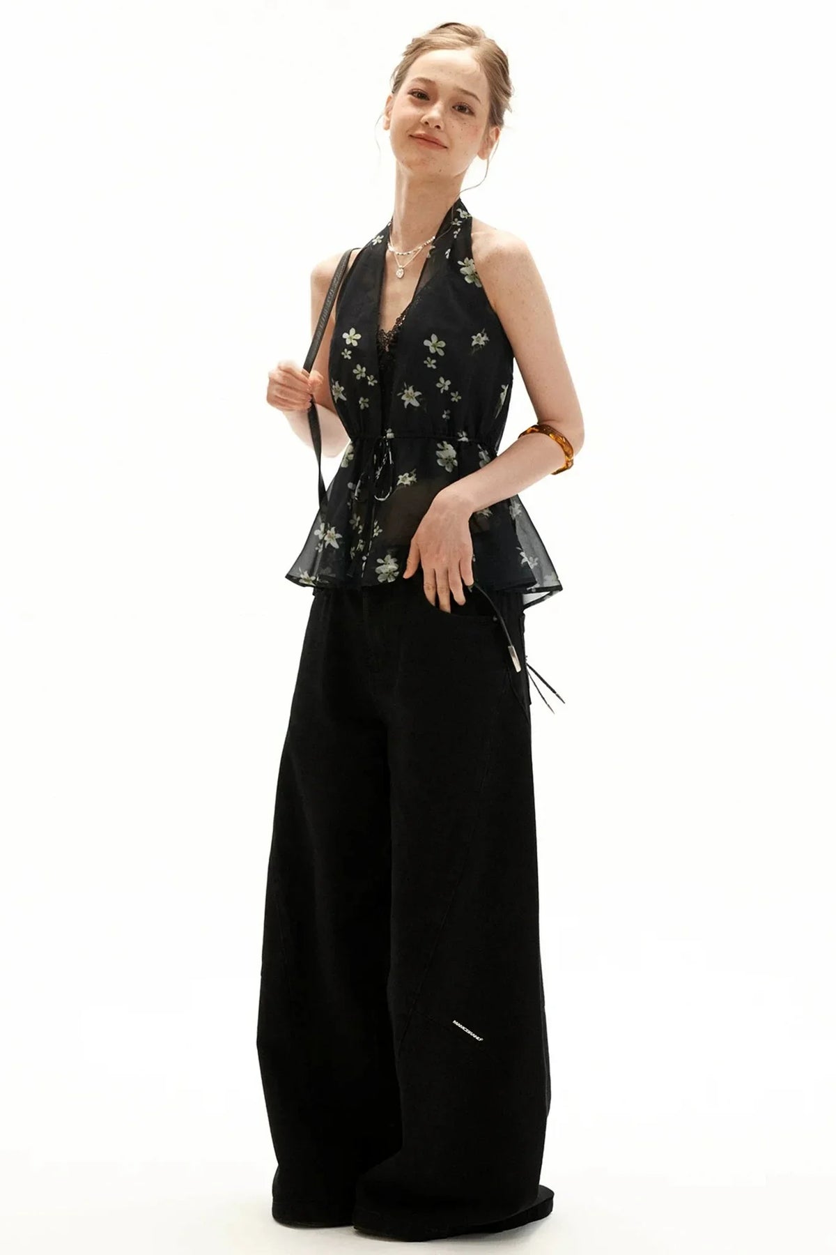 Black Floral Halter Tie Camisole Top Set-Up