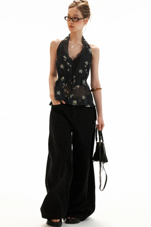 Black Floral Halter Tie Camisole Top Set-Up