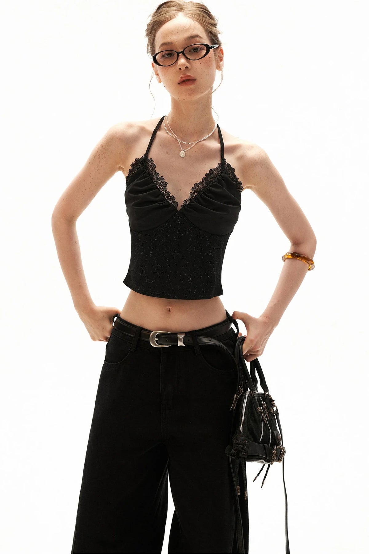 Black Floral Halter Tie Camisole Top Set-Up