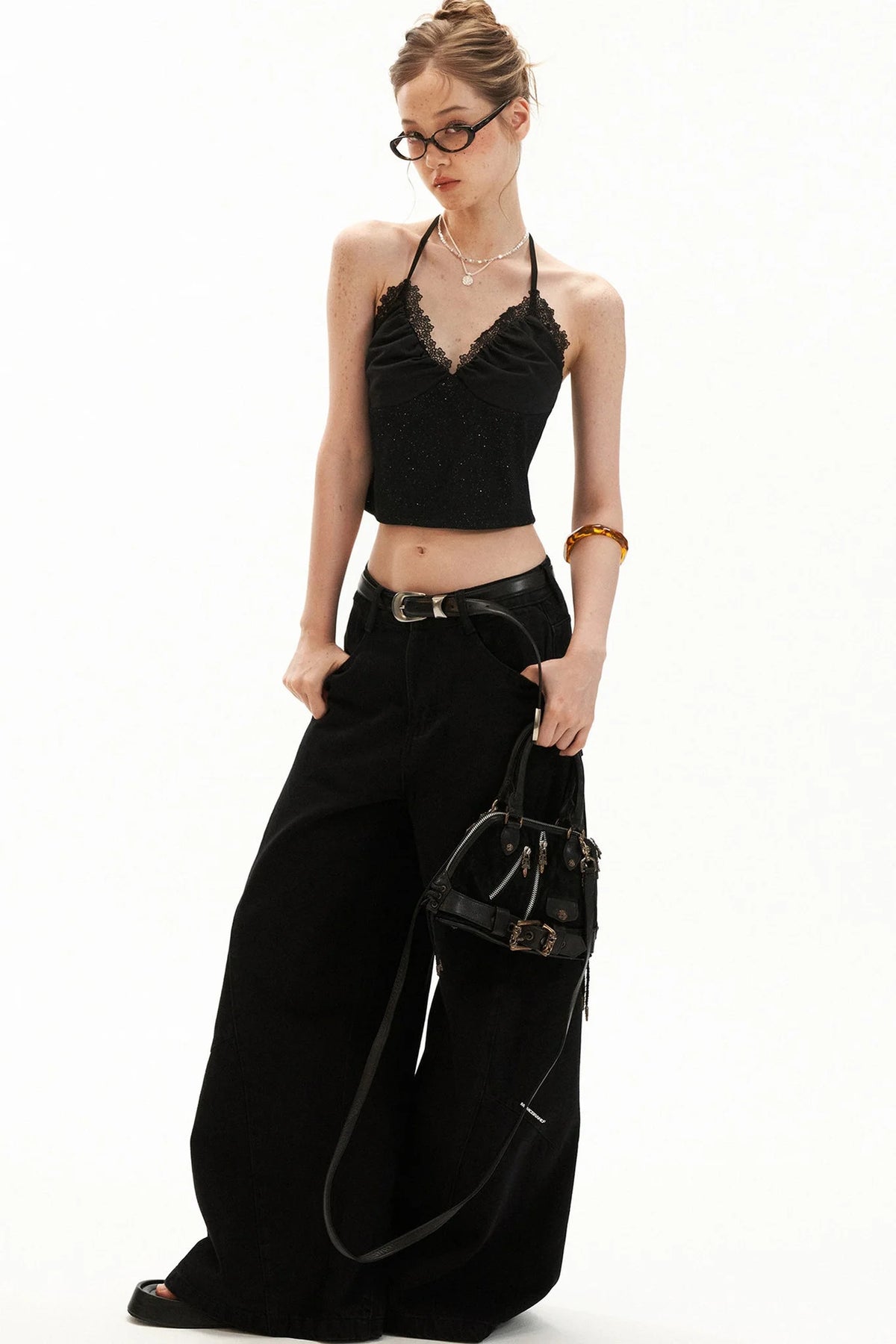 Black Floral Halter Tie Camisole Top Set-Up