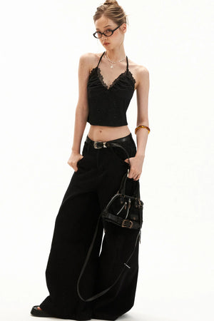 Black Floral Halter Tie Camisole Top Set-Up