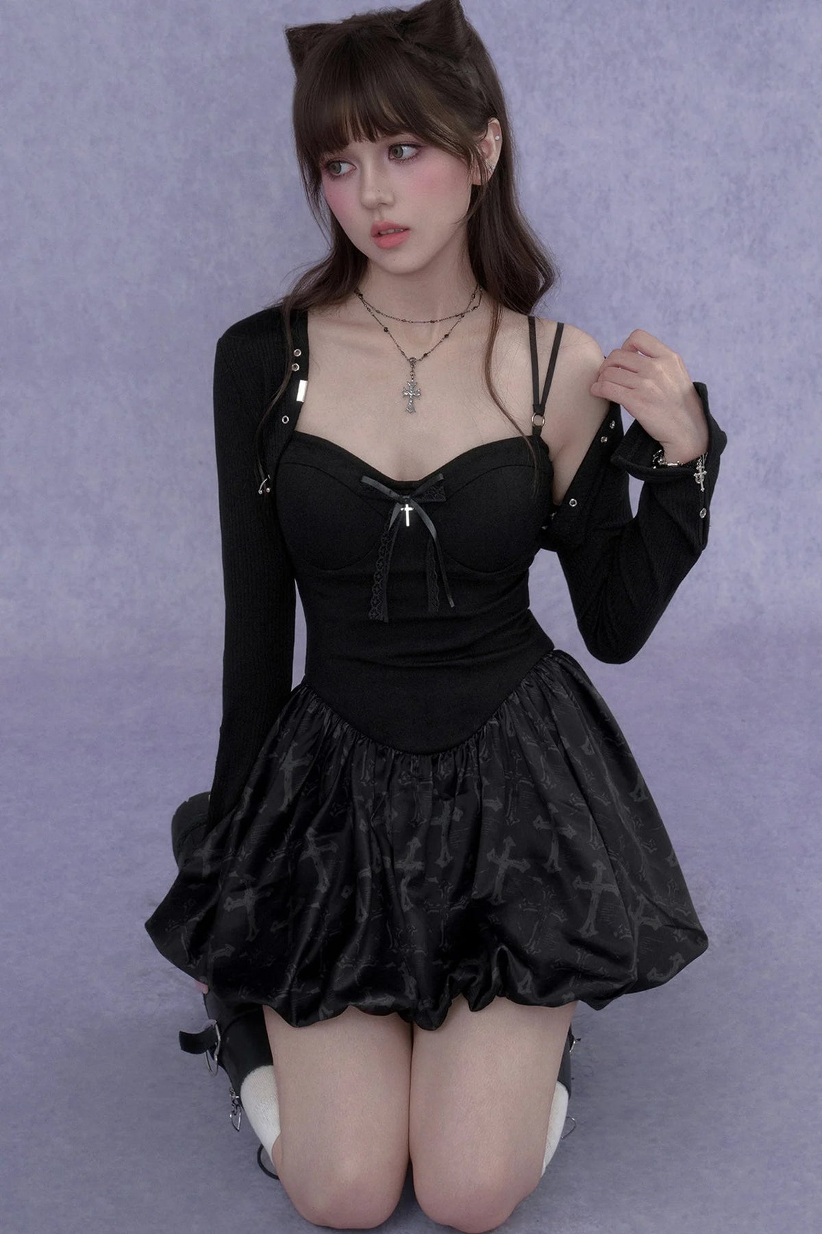 Black Floral Strap Dress Set-Up