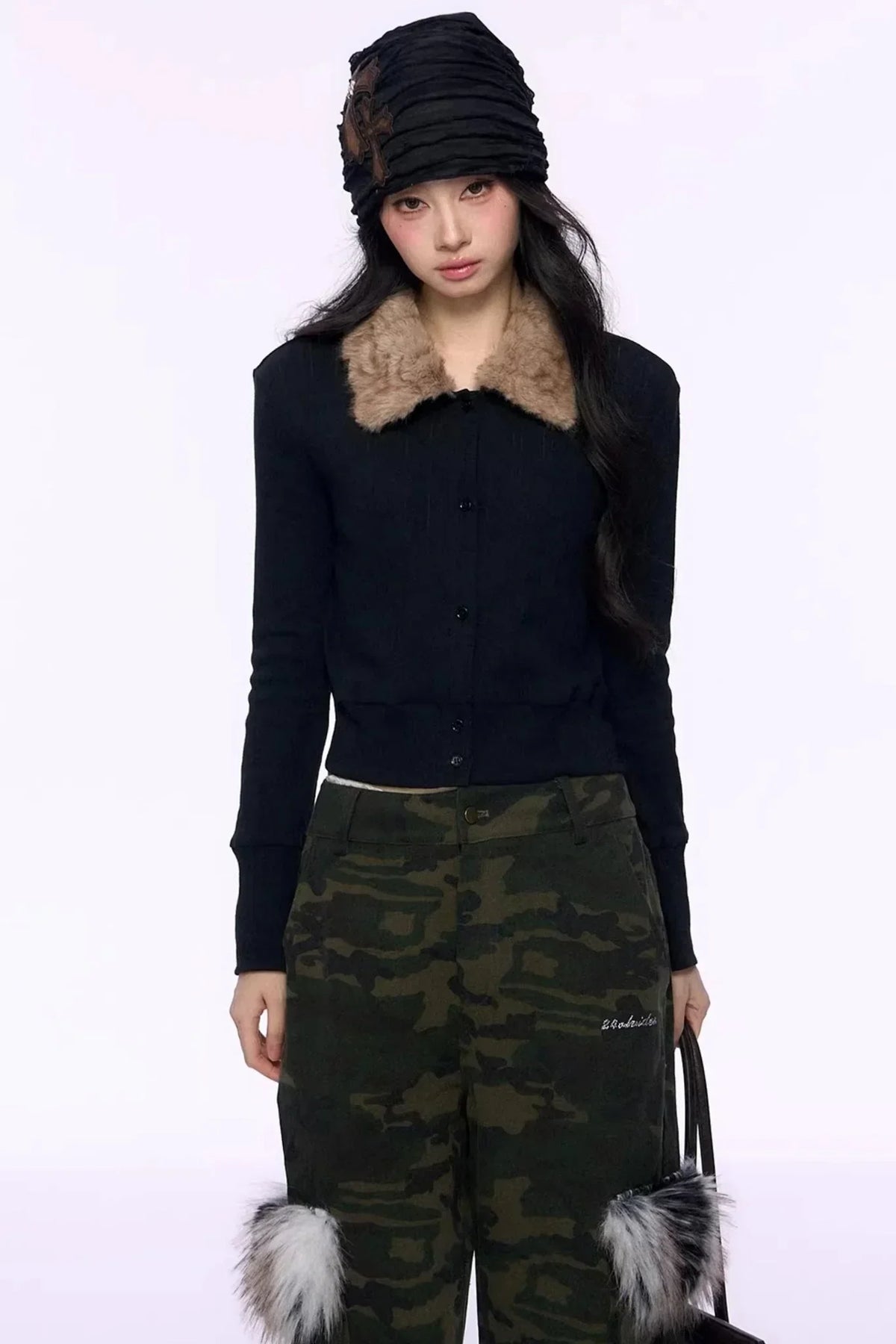 Black Fur Collar Knitted Top