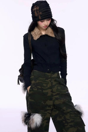 Black Fur Collar Knitted Top