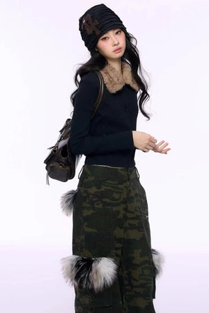 Black Fur Collar Knitted Top