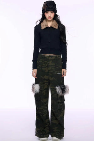 Black Fur Collar Knitted Top