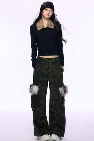 Black Fur Collar Knitted Top