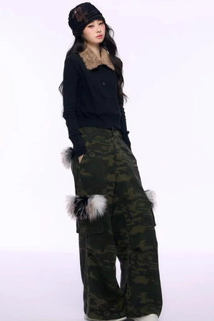 Black Fur Collar Knitted Top