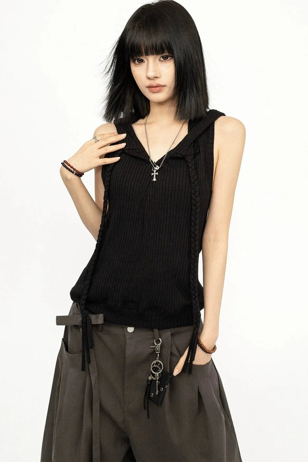 Black Hooded Vest Top