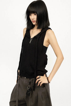 Black Hooded Vest Top