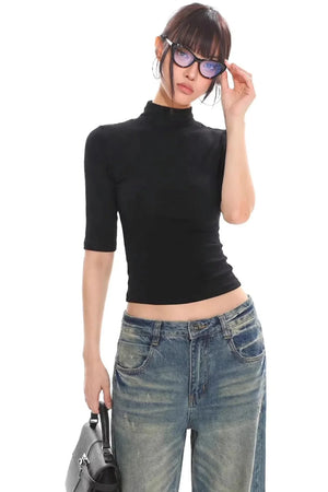 Black Knitted Mid-Sleeve Top