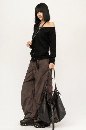 Black Knitted Off-Shoulder Cardigan