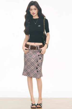 Black Knitted Top and Plaid Skirt Set-Up