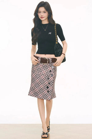 Black Knitted Top and Plaid Skirt Set-Up