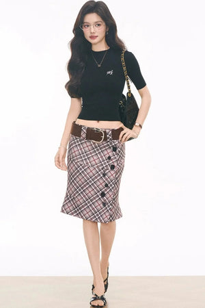 Black Knitted Top and Plaid Skirt Set-Up