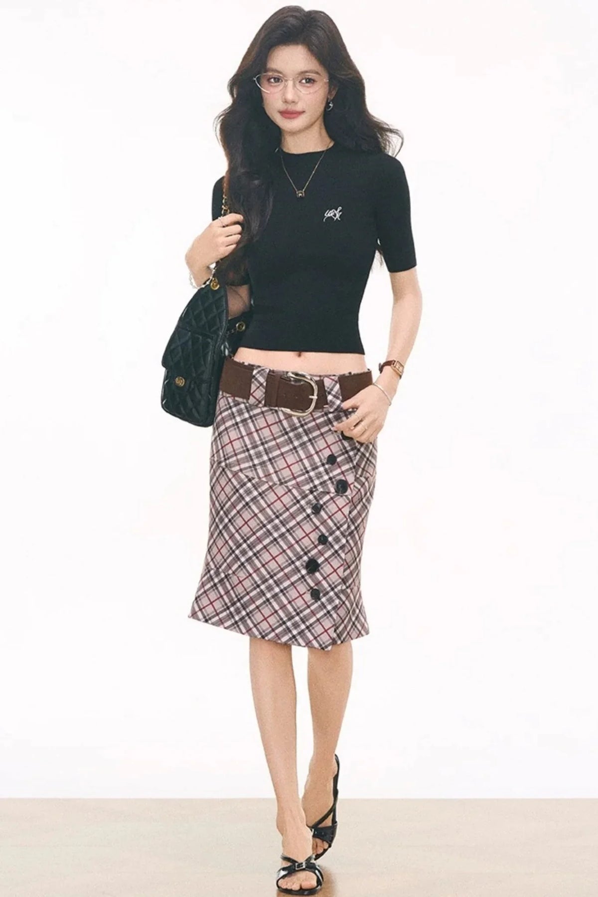 Black Knitted Top and Plaid Skirt Set-Up