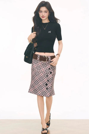 Black Knitted Top and Plaid Skirt Set-Up