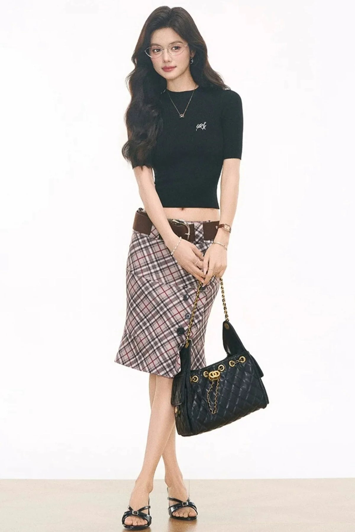 Black Knitted Top and Plaid Skirt Set-Up