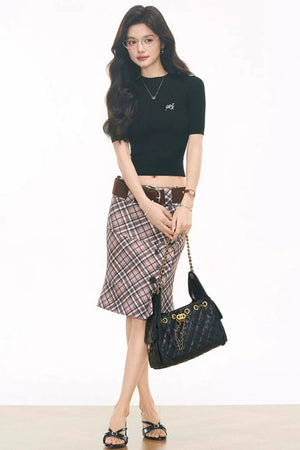 Black Knitted Top and Plaid Skirt Set-Up