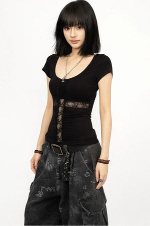 Black Lace Patchwork Short Sleeve Top