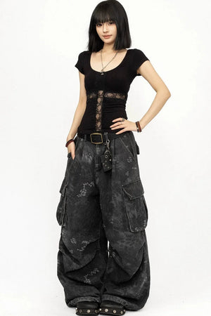 Black Lace Patchwork Short Sleeve Top