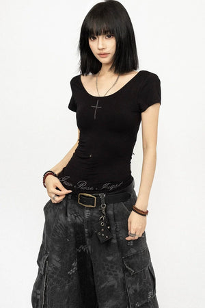 Black Lace Patchwork Short Sleeve Top