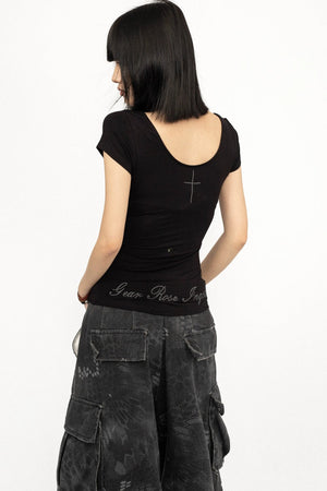 Black Lace Patchwork Short Sleeve Top
