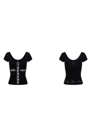 Black Lace Patchwork Short Sleeve Top