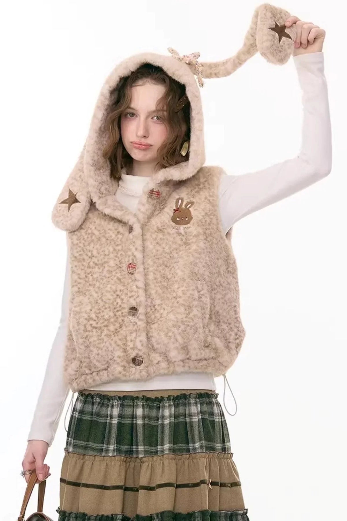 Black Leather Rabbit Hooded Vest Jacket