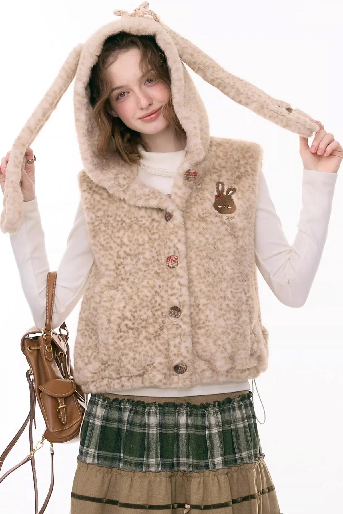 Black Leather Rabbit Hooded Vest Jacket