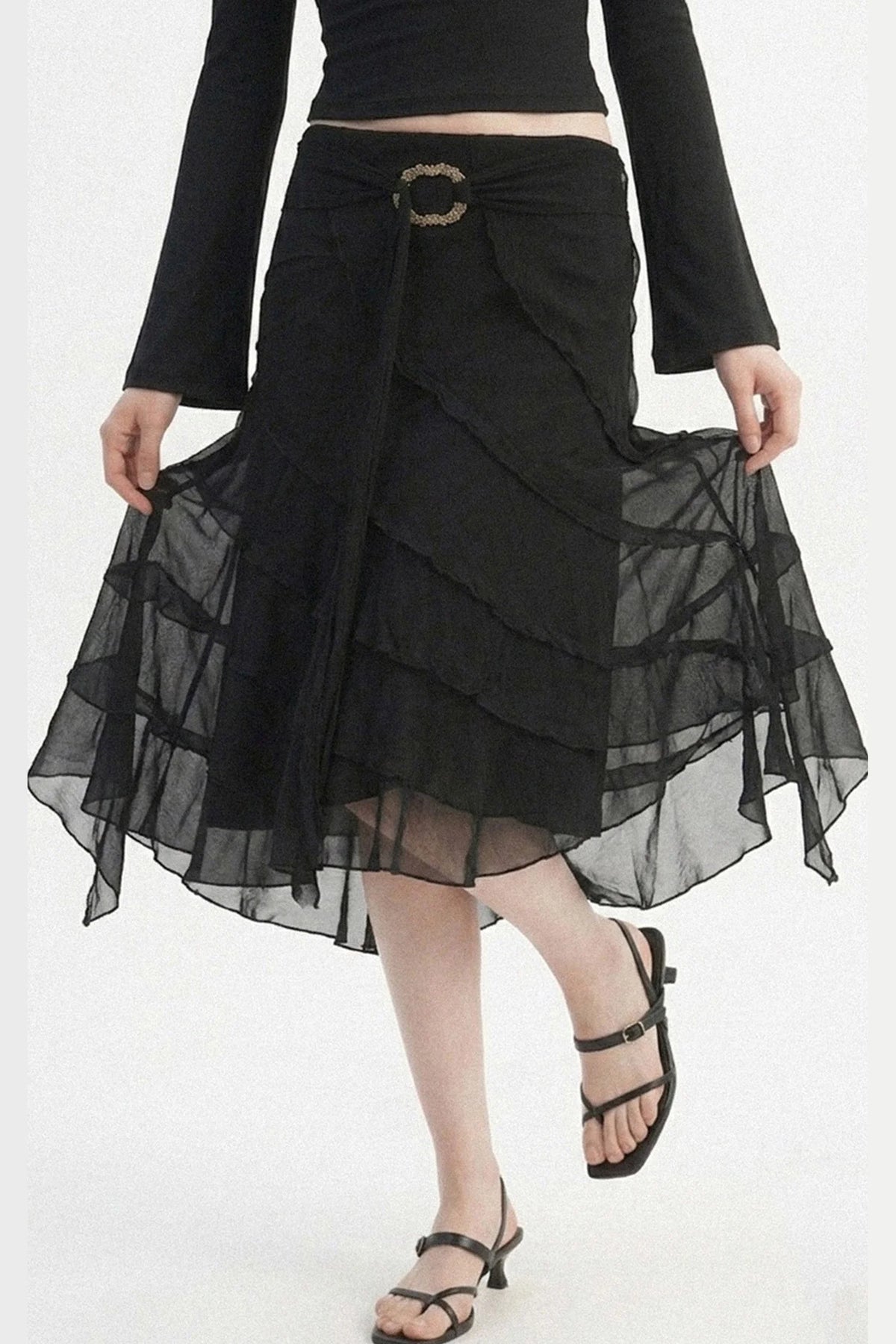 Black Metal Ring Tie Irregular Layered Tulle Skirt
