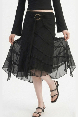 Black Metal Ring Tie Irregular Layered Tulle Skirt