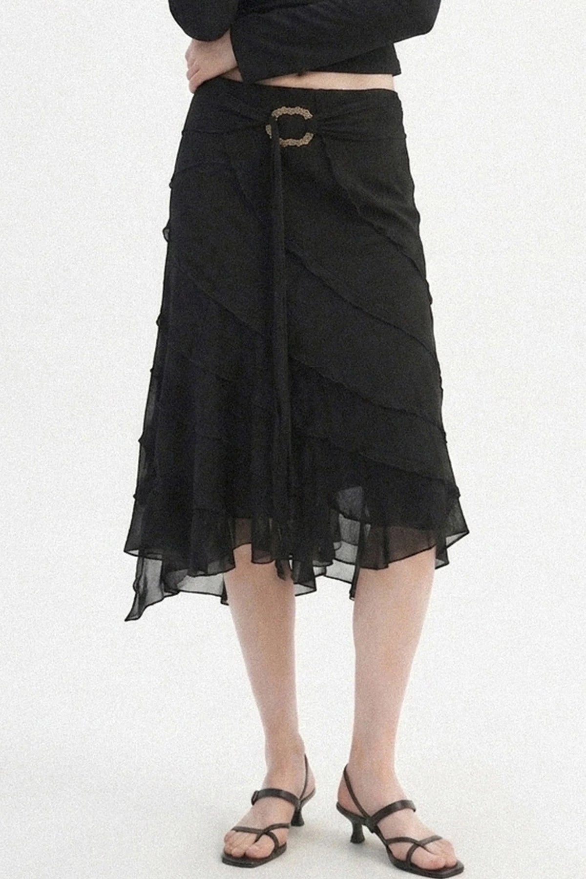 Black Metal Ring Tie Irregular Layered Tulle Skirt