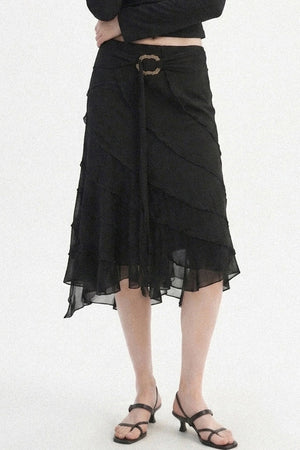 Black Metal Ring Tie Irregular Layered Tulle Skirt