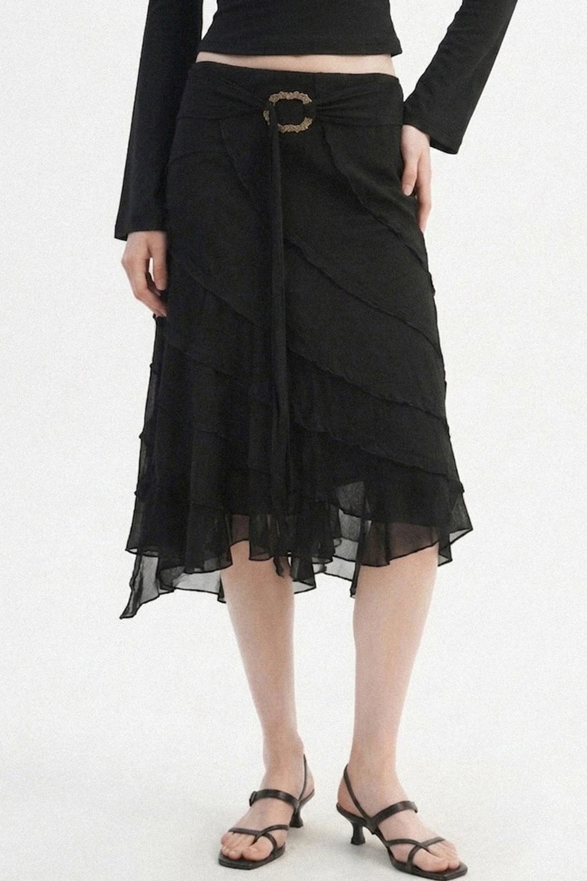 Black Metal Ring Tie Irregular Layered Tulle Skirt