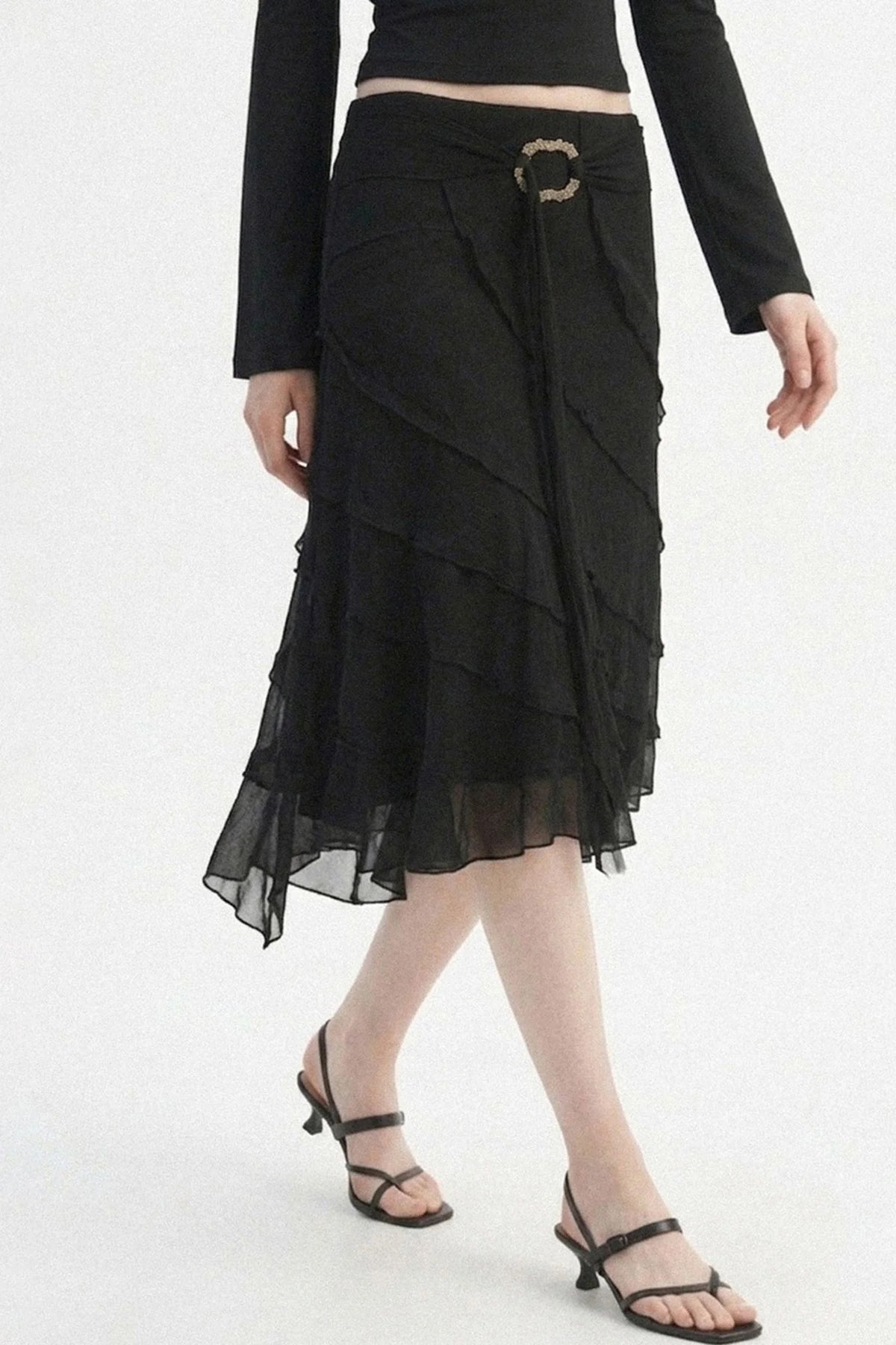 Black Metal Ring Tie Irregular Layered Tulle Skirt
