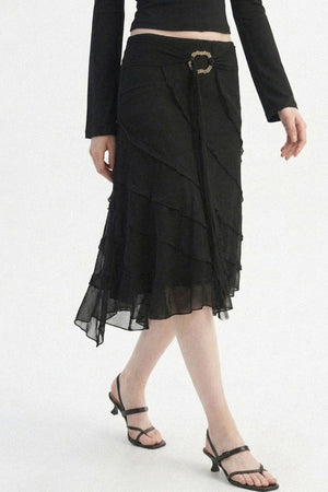 Black Metal Ring Tie Irregular Layered Tulle Skirt