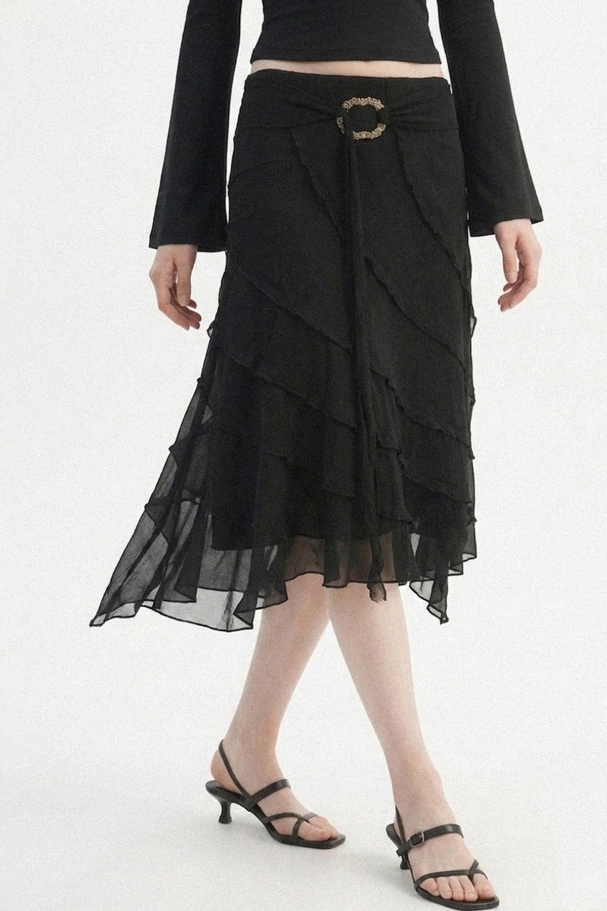 Black Metal Ring Tie Irregular Layered Tulle Skirt