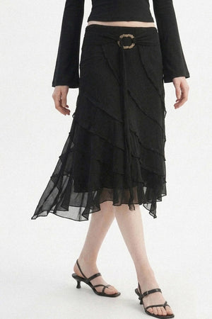 Black Metal Ring Tie Irregular Layered Tulle Skirt