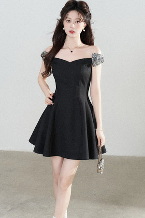 Black Off-Shoulder Cinched Waist Dress