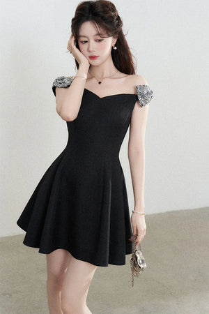 Black Off-Shoulder Cinched Waist Dress