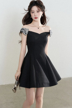 Black Off-Shoulder Cinched Waist Dress
